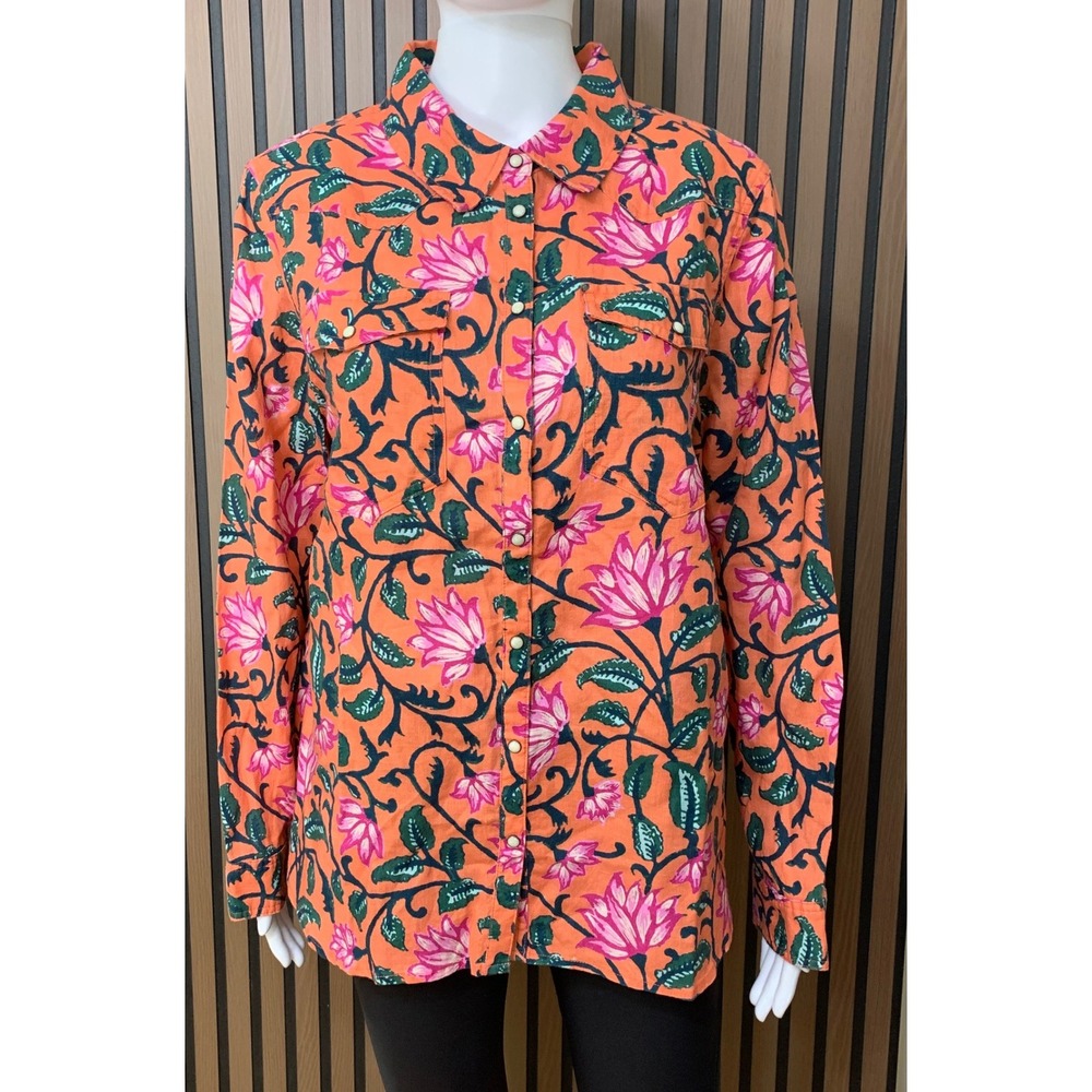 Sundance Women's Coral Pink Floral Linen Button Down Western Shirt Large